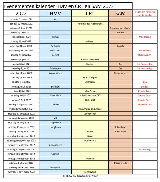 Evenementenkalender HMV, CRT en SAM 2022