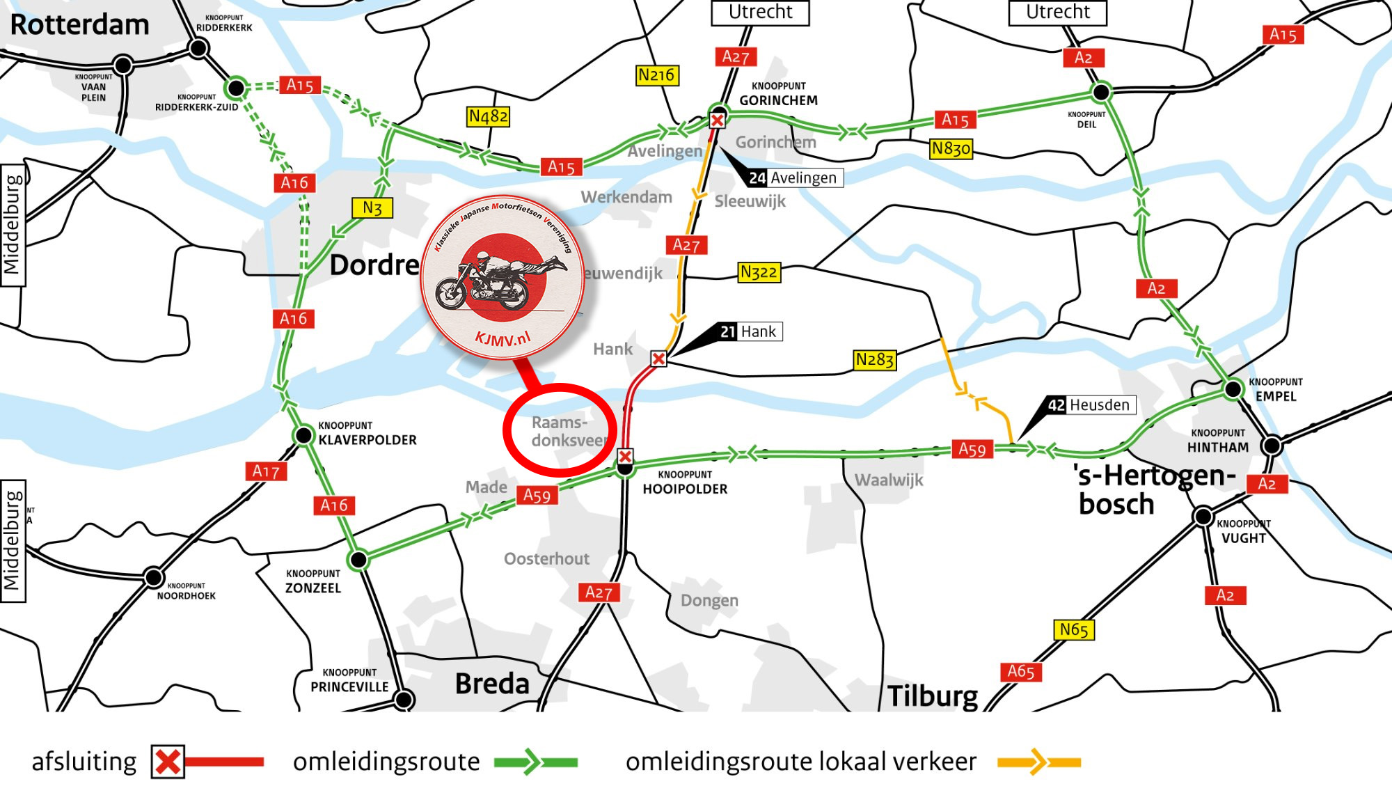 Wegafsluiting A27 tijdens KJMV Suzuki Clubdag 